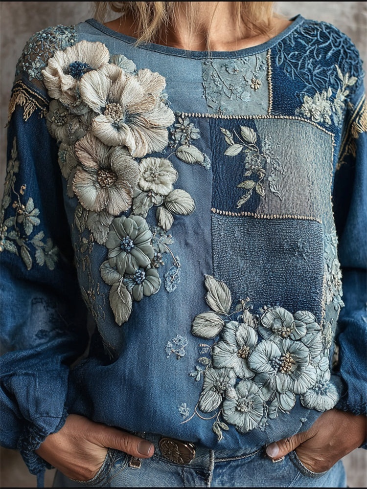 Womens 3D-printed Crew-neck Long-sleeve Retro Bohemian Top - Image 5