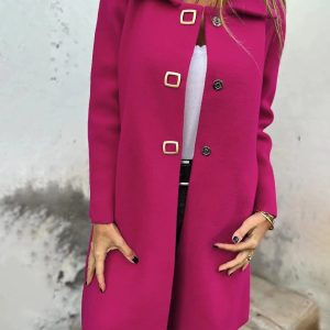 Women's Solid-color Mid-length Wool Coat With A Single-breasted Design