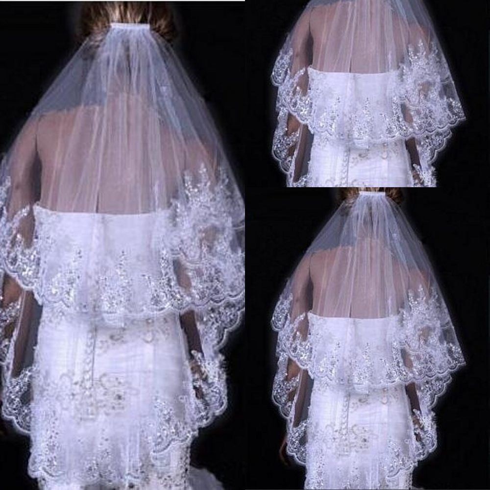 Bridal Sequined Polyester Veil Face Cover Two Layers Lace Sideband - Image 3