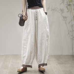 Womens Coffee-Colored Artistic And Fashionable Patchwork Linen Carrot Pants
