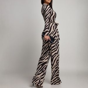 Zebra-Print V-Neck Long-Sleeve Jumpsuit European And American Fashion Style