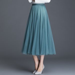 Womens Mid-Waist Pleated Flowy Mesh Lace Skirt