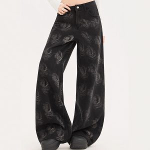 Womens High-waisted Loose-fit Washed Denim Jeans With A Printed Design