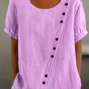 Womens Retro Cotton-Linen Short-Sleeve Shirt
