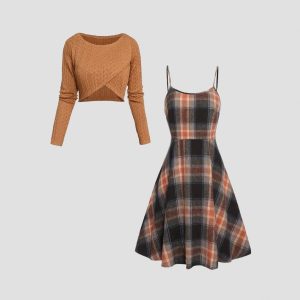 New Womens Two-piece Set Knitted Long-sleeve Top And Dress