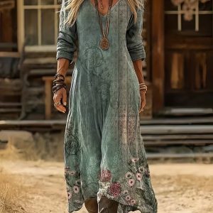 Womens 3D-printed V-neck Long-sleeve Dress