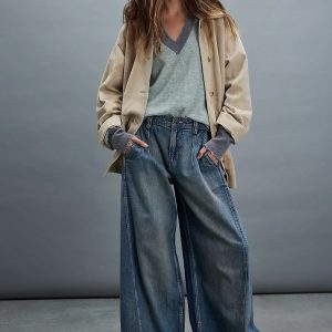 Womens Fashionable Retro Wide-Leg Denim Jeans