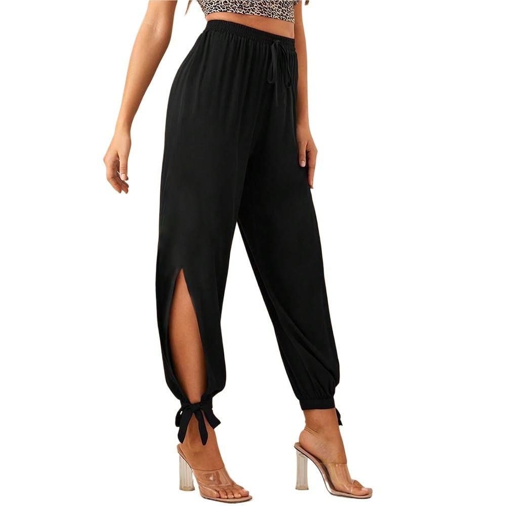 Black High-waisted Drawstring Split-leg Tie-cuff Casual Pants - Image 5