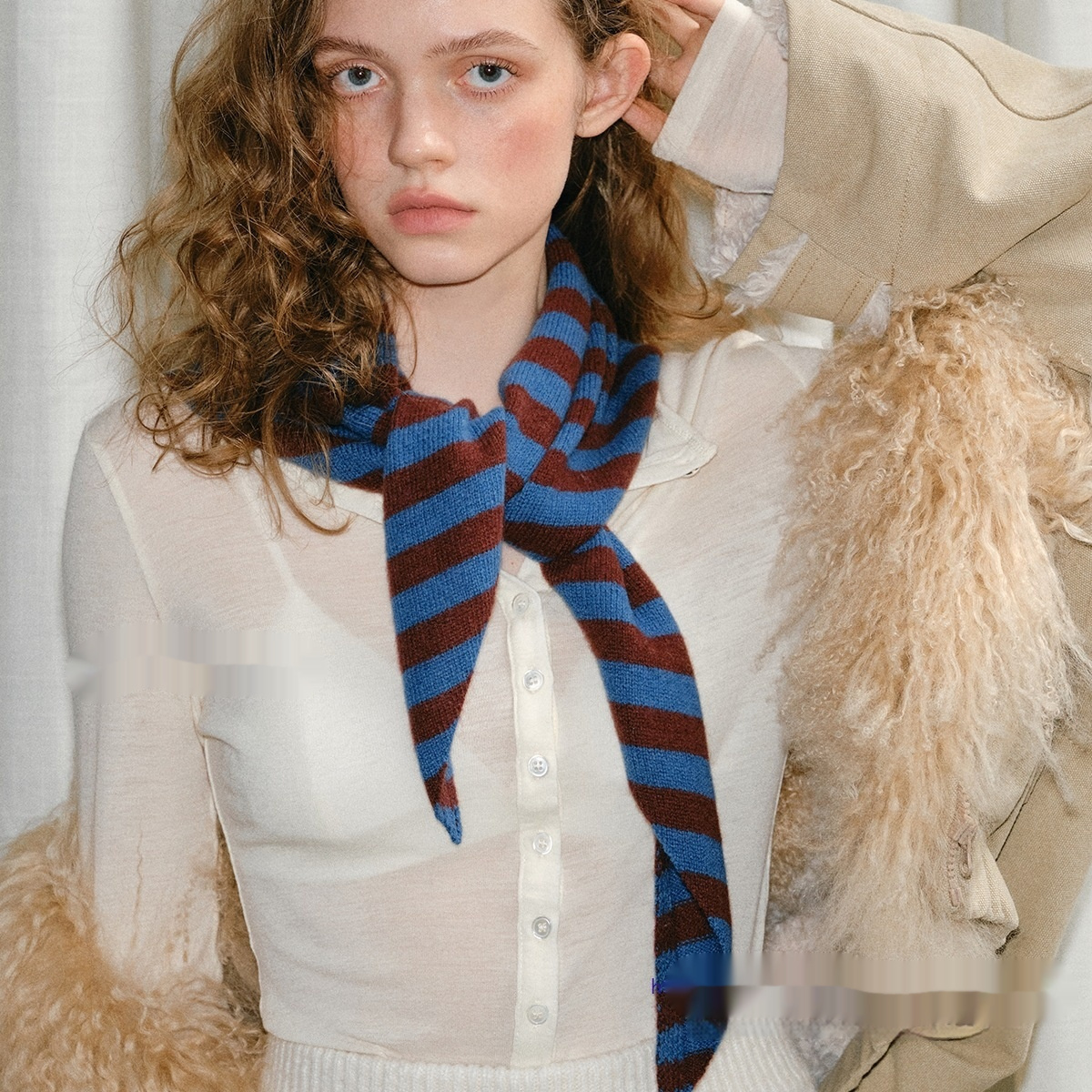 Pure Wool Striped Knitted Triangular Warm Neck Scarfhat - الصورة 4