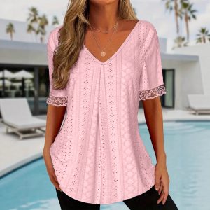 Womens Solid-Color V-Neck Loose Short-Sleeve Pleated T-Shirt Top