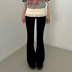 Casual Color-Block Flared Pants With Ruffled Hem And Patchwork Design