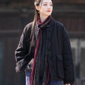 Womens Retro Colorblock Button-Loop Loose Short Cotton Padded Jacket