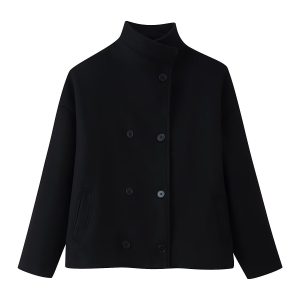 Womens Autumn Fashion Design Short Wool Coat With A Stand Collar And Double-Breasted Buttons