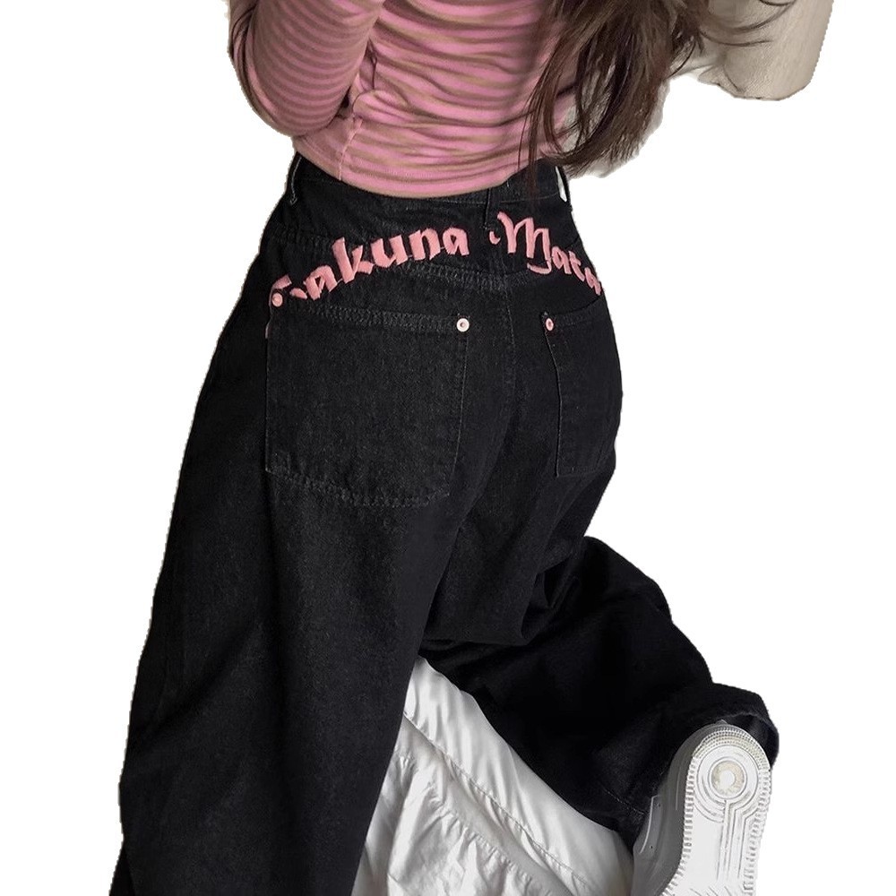 Letter-embroidered Printed High-waist Slimming Straight-leg Jeans - الصورة 5