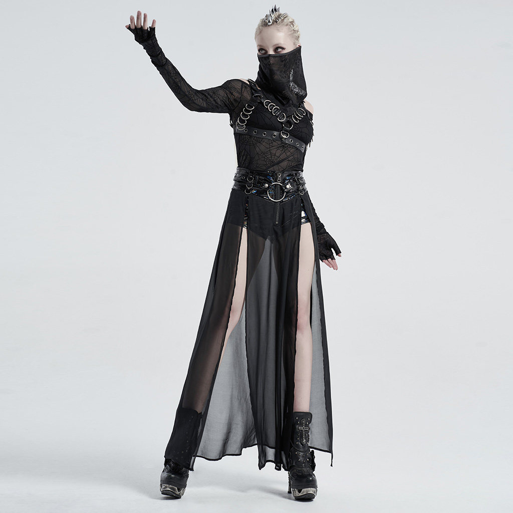 Punk-style Black Mesh Patchwork Faux Two-piece Skirt - Image 4