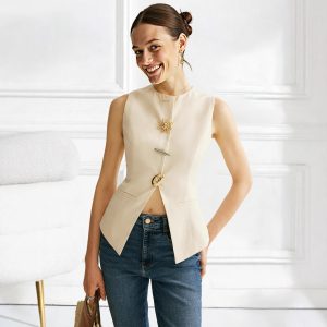 Womens European And American-style Decorative Button Solid-color Sleeveless Jacket