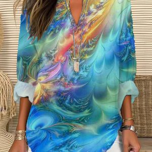 Womens Fashionable Loose Shirt With 3D Floral Print And V-Neck