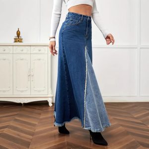 Womens Patchwork Denim Raw-Hem Skirt