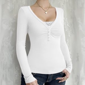 Womens Casual Patchwork Lace Long-Sleeve Top