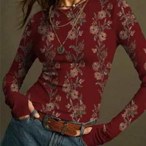 New Womens Retro Floral-print Knit Slim-fit