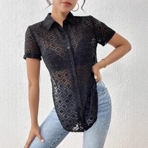 Womens Solid-Color Fashion Jacquard Chiffon Short-Sleeve Top