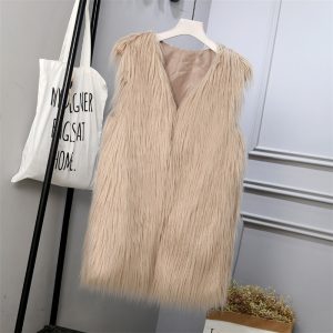 Womens Fashion Faux Fur Vest Mid-Length Fur-Lined Coat