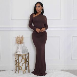 Womens Solid-Color Long-Sleeve Slim-Fit Dress