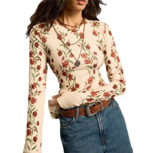 New Womens Retro Floral-print Knit Slim-fit