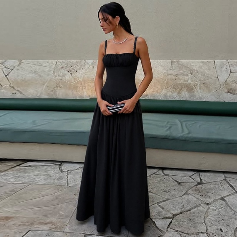 Off-neck Pleated Stitching High Waist Slimming Solid Color Sling Dress - Image 4