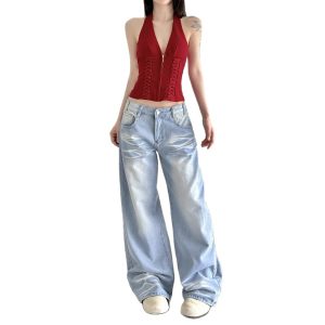 Street-style Distressed High-rise Straight-leg Jeans
