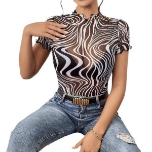 Elegant Womens Mesh Top With Floral Print Striped Design And Ruffle Trim Short Sleeves