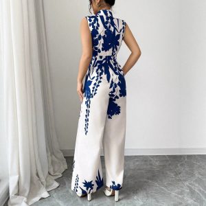 Elegant Womens Sleeveless Wide-Leg Jumpsuit With Floral Print And Lace-Up Details