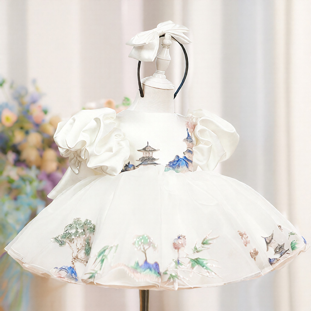 Childrens White Puff-sleeved Satin Ball Gown - الصورة 4