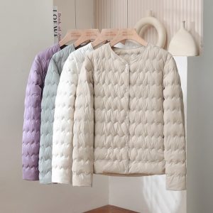 Womens Short Puff Jacket With A Ruffled Crew Neck