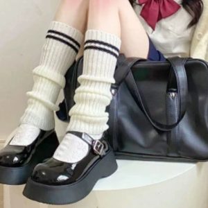 Womens Knitted Striped Black Over-the-Knee Socks