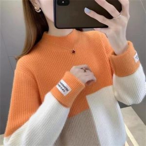 Half Turtleneck Loose Fit Color Block Knit Top For Women
