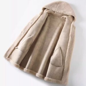 Women's Mid-Length Hooded Coat In Composite Leather And Fur