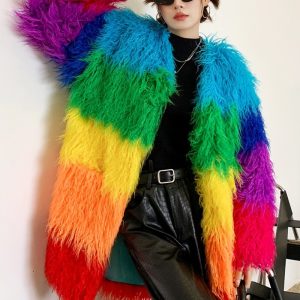 Contrast-color Plush Patchwork Coat Winter Lambswool Coat