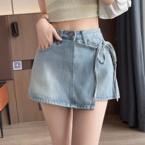 High-waisted Slimming Instagram-style Denim Skirt With Tie Details