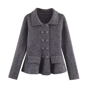 Casual Pocket Decoration Lapel Knit Sweater Jacket For Women