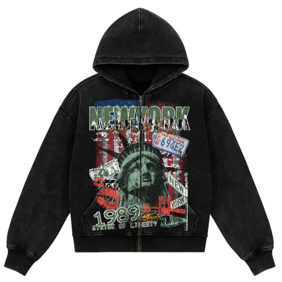 High-street Vintage Washed-and-distressed Print Hoodie With A Zip-up Hood - Image 3