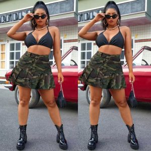 Camouflage Pleated Pocket Button Mini Skirt