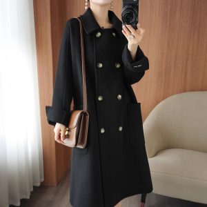 Long Below-the-Knee Double-Breasted Wool Coat In Korean Style