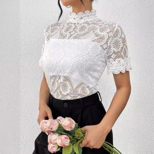 Womens White Lace-panel Trim Top