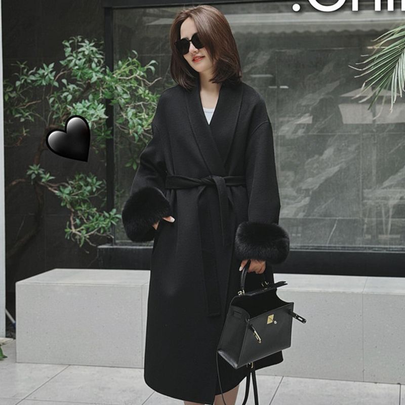 Wool Coat For Women Mid-length Black With Fox-fur Cuffs - الصورة 3