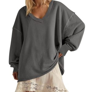 New Solid-color V-neck Loose-fitting Long-sleeve Top For Women