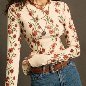 New Womens Retro Floral-print Knit Slim-fit