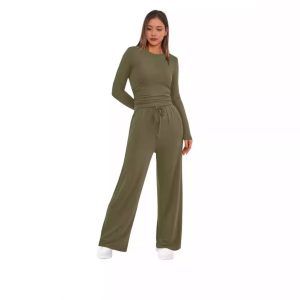 Womens Solid-Color Casual Top And Pants Set
