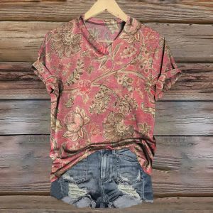 3D Digital Print T-Shirt Womens V-Neck Short-Sleeve Top