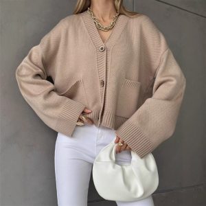 Solid-color V-neck Knitted Cardigan With Large Pockets For Women